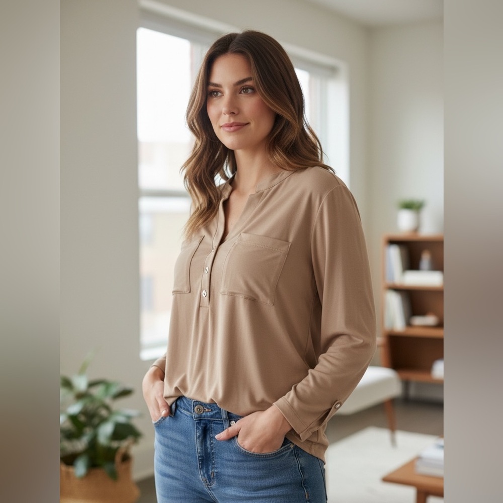 PerSeption Concept Beige Button Front Blouse XL |… - image 1